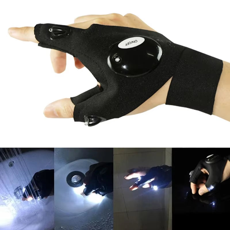 Outdoor Hiking Fingerless Gloves with LED Light Waterproof Flashlight 