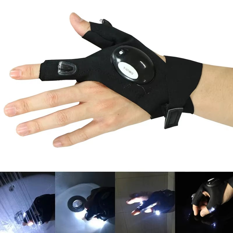 Outdoor Hiking Fingerless Gloves with LED Light Waterproof Flashlight 